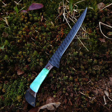 Hand-Forged Carbon Steel Fillet Knife - Black Steel Blade with Epoxy Resin & Wood Handle, Rust-Free & Lightweight
