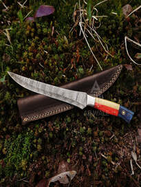 Hand-Forged Damascus Steel Fillet Knife - 13" Full Tang, Bone Handle with Leather Sheath for Fishing & BBQ