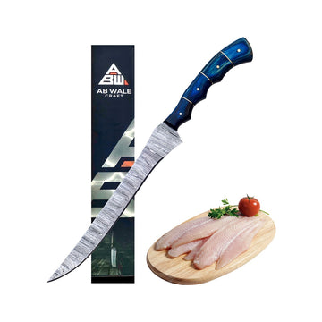 Hand-Forged Damascus Steel Fillet Fishing Knife - 13" with Blue Pakka Wood Handle, Rust-Free & Outdoor Ready