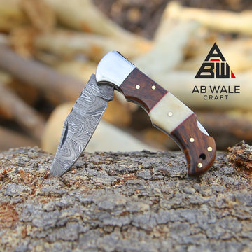 6.5" Hand-Forged Damascus Steel Folding Pocket Knife – Rosewood & Camel Bone Handle
