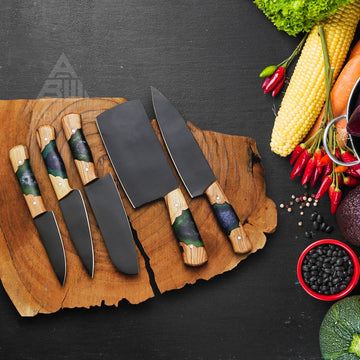 5-Piece Hand-Forged Black Blade Knife Set with Green & Black Resin Wood Handles – Sleek Kitchen Collection with Leather Roll Bag