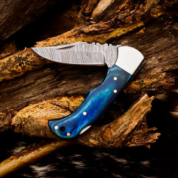 Damascus Steel Folding Pocket Knife - Blue Wood Handle, 7" with Leather Sheath for Hunting & Camping