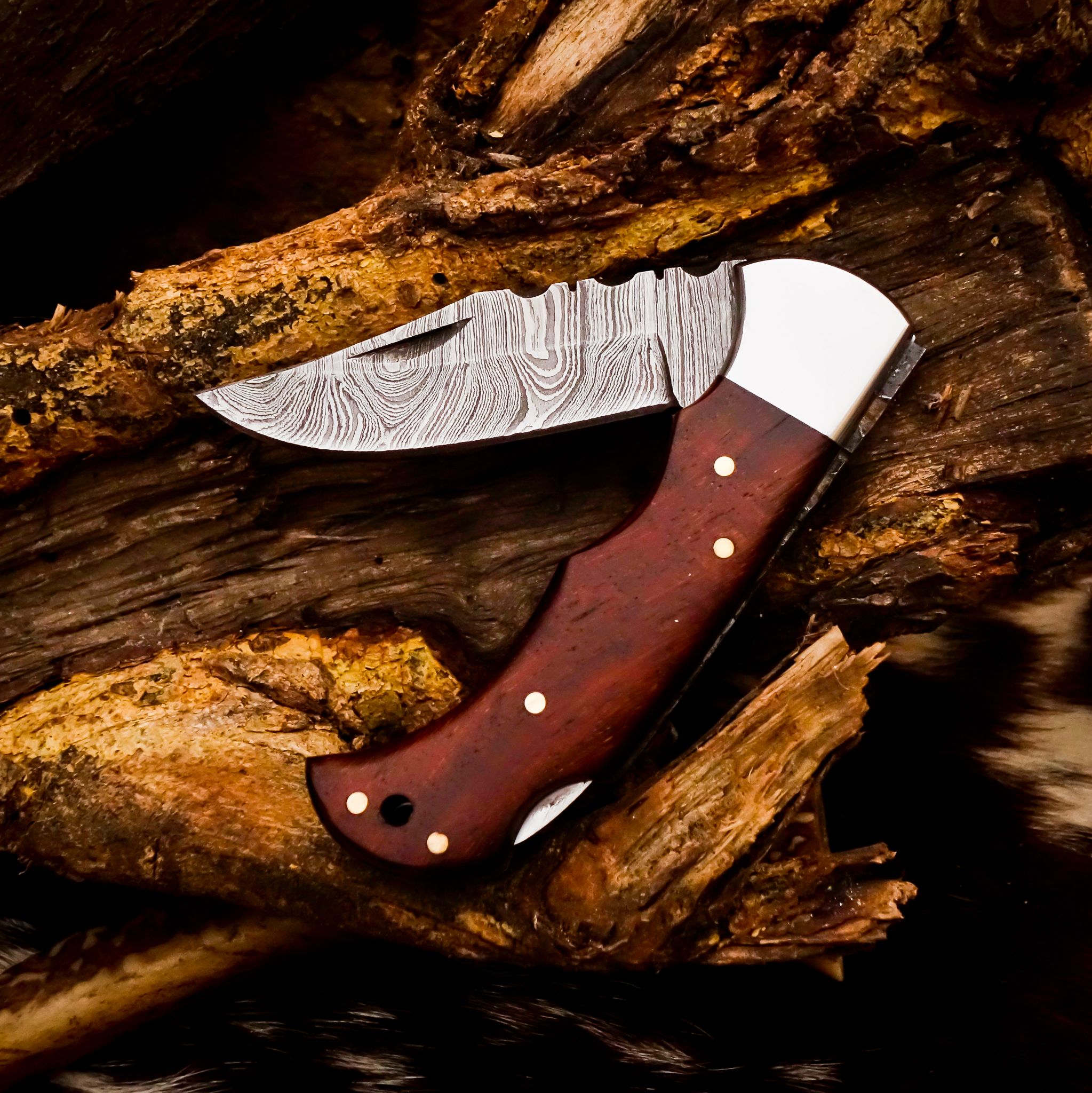 Damascus Steel Folding Pocket Knife -Wood Handle, 7" with Leather Sheath for Hunting & Camping