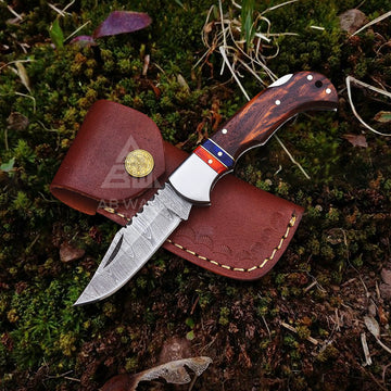 Damascus Steel Folding Pocket Knife - Rosewood Handle, Razor Sharp Blade with Leather Sheath