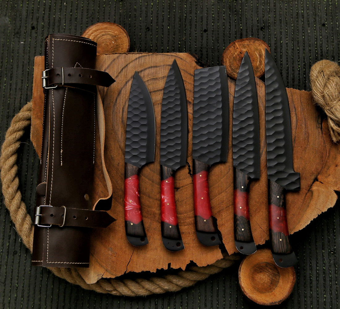 5-Piece Hand-Forged Carbon Steel Chef Knife Set with Red Resin & Rosewood Handles – Exotic Kitchen Collection with Leather Roll Bag