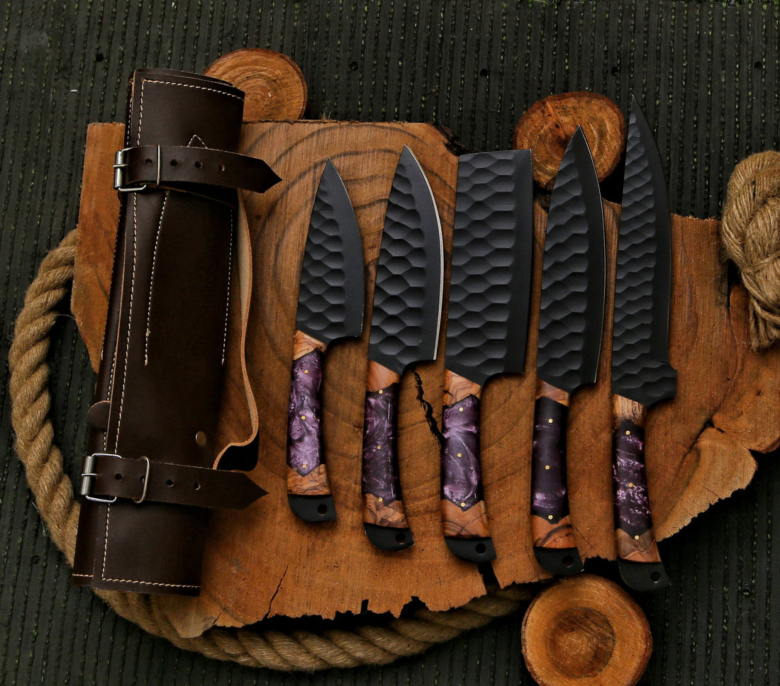 5-Piece Hand-Forged Carbon Steel Chef Knife Set with Purple Resin & Wood Handles – Elegant Culinary Collection with Leather Roll Bag