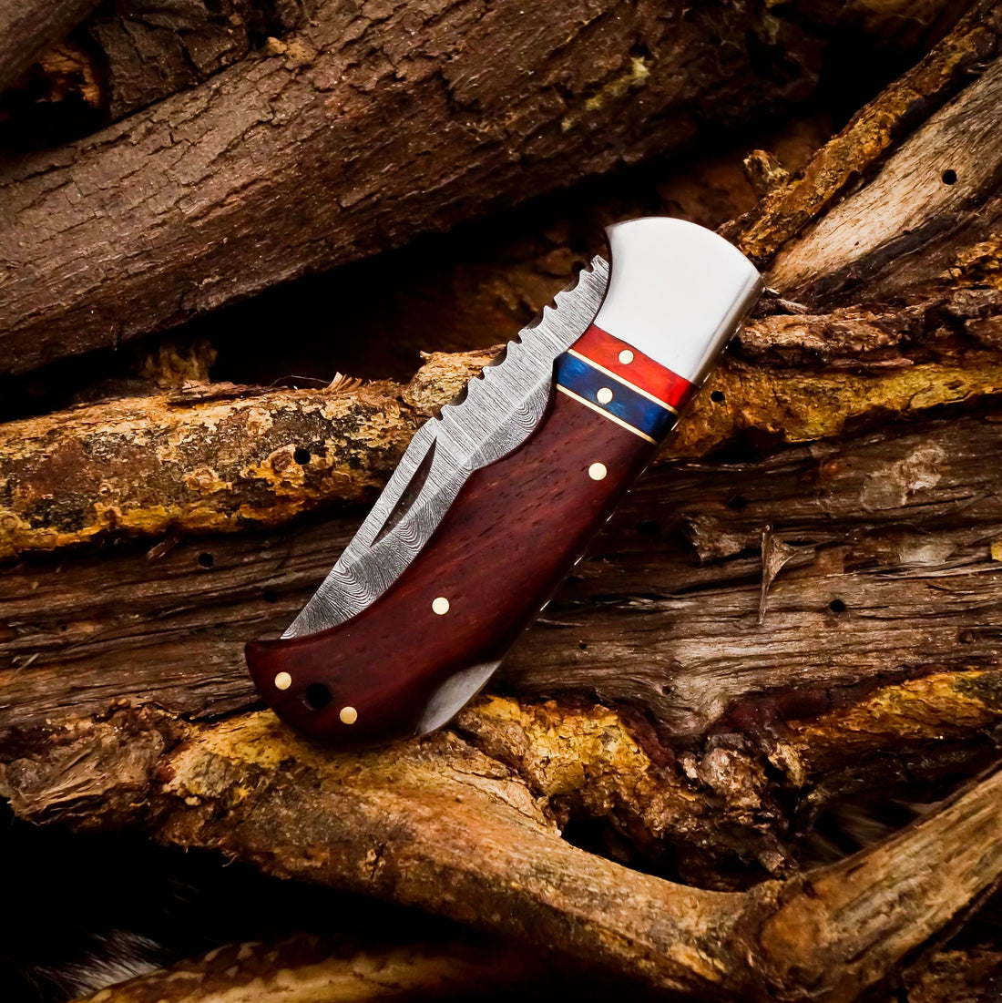 Damascus Steel Folding Pocket Knife - Rosewood Handle, Razor Sharp Blade with Leather Sheath