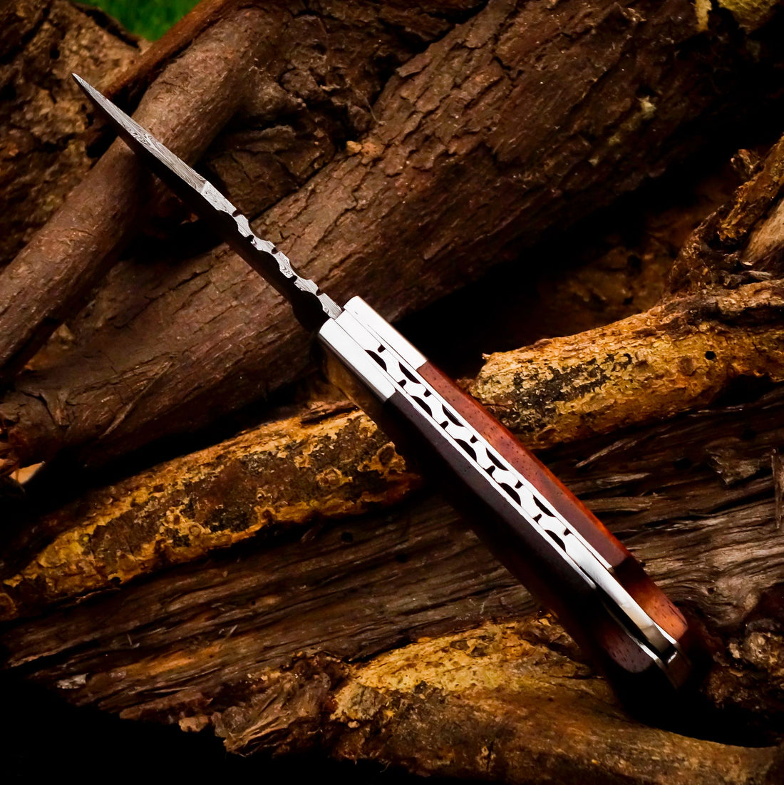 Damascus Steel Folding Pocket Knife -Wood Handle, 7" with Leather Sheath for Hunting & Camping