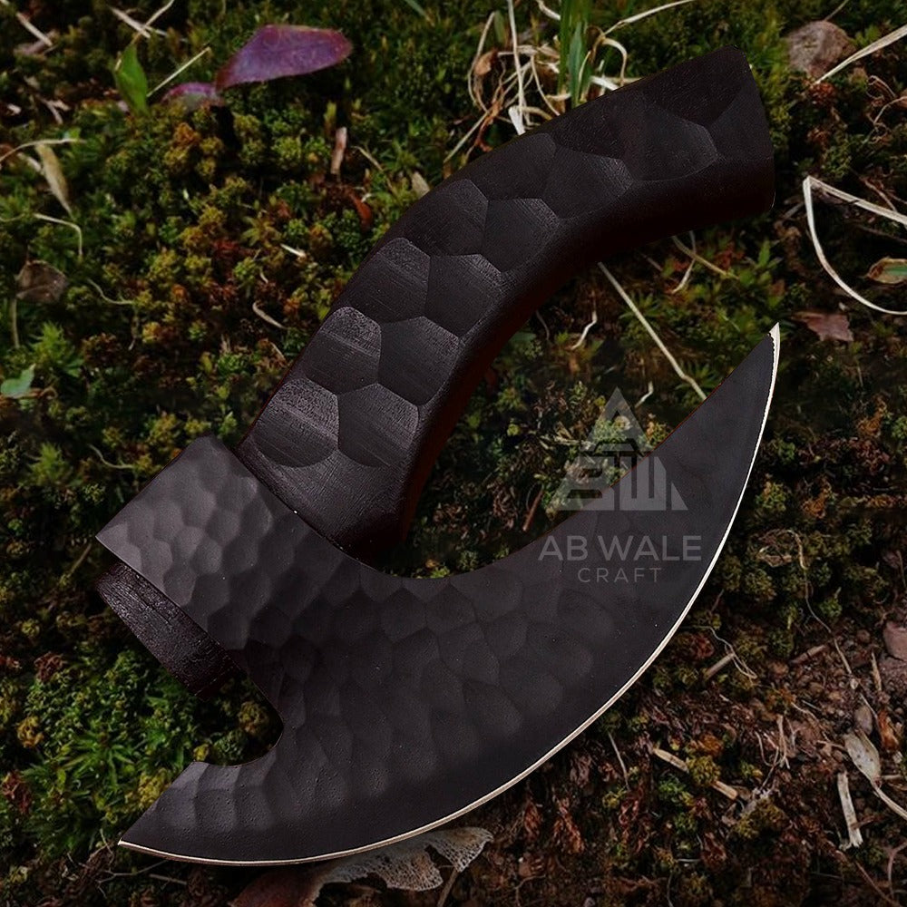 Handmade High Carbon Steel Black Coated Pizza Cutter Axe – Viking-Inspired Pizza Slice Cutter with Leather Sheath