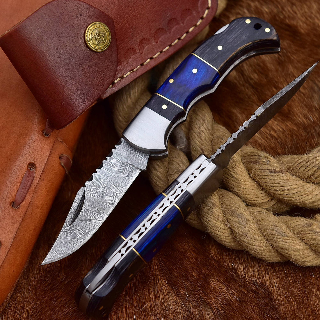 Hand Forged Damascus Steel Folding Knife - Blue & Grey Handle Pocket Knife with Razor Sharp Blade and Leather Sheath