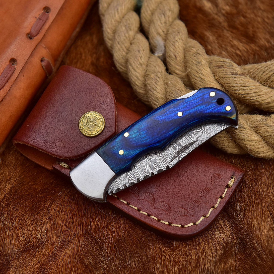 Damascus Steel Folding Pocket Knife - Blue Wood Handle, 7" with Leather Sheath for Hunting & Camping