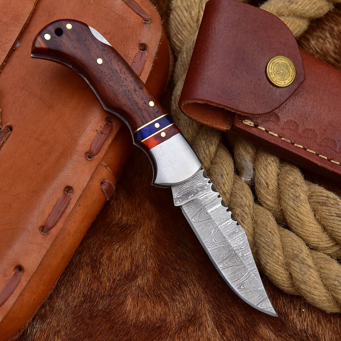 Damascus Steel Folding Pocket Knife - Rosewood Handle, Razor Sharp Blade with Leather Sheath