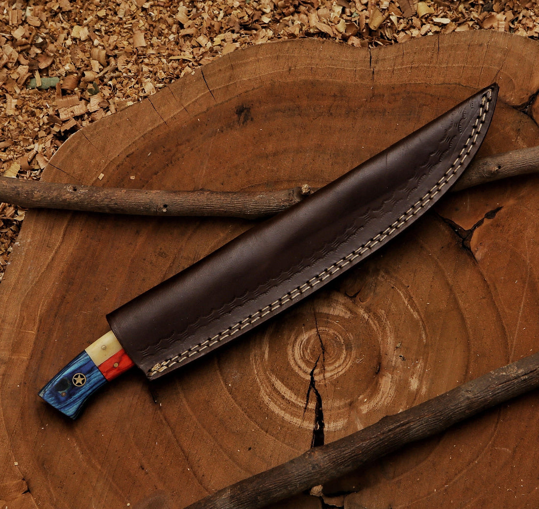 Hand-Forged Damascus Steel Fillet Knife - 13" Full Tang, Bone Handle with Leather Sheath for Fishing & BBQ