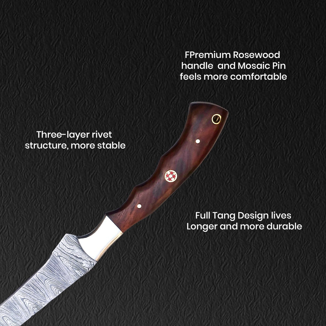 Hand-Forged Damascus Steel Fillet Knife - 13" with Rosewood Handle and Mosaic Pin