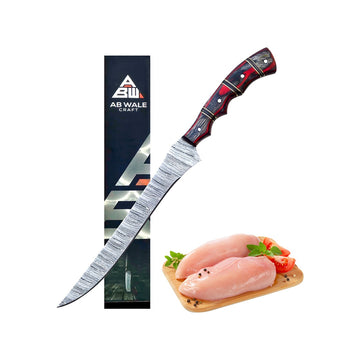 Hand-Forged Damascus Steel Fillet Knife - 13" with Red Pakka Wood Handle, Rust-Free & Precision-Crafted for Filleting