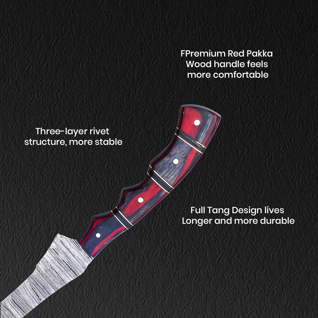 Hand-Forged Damascus Steel Fillet Knife - 13" with Red Pakka Wood Handle, Rust-Free & Precision-Crafted for Filleting