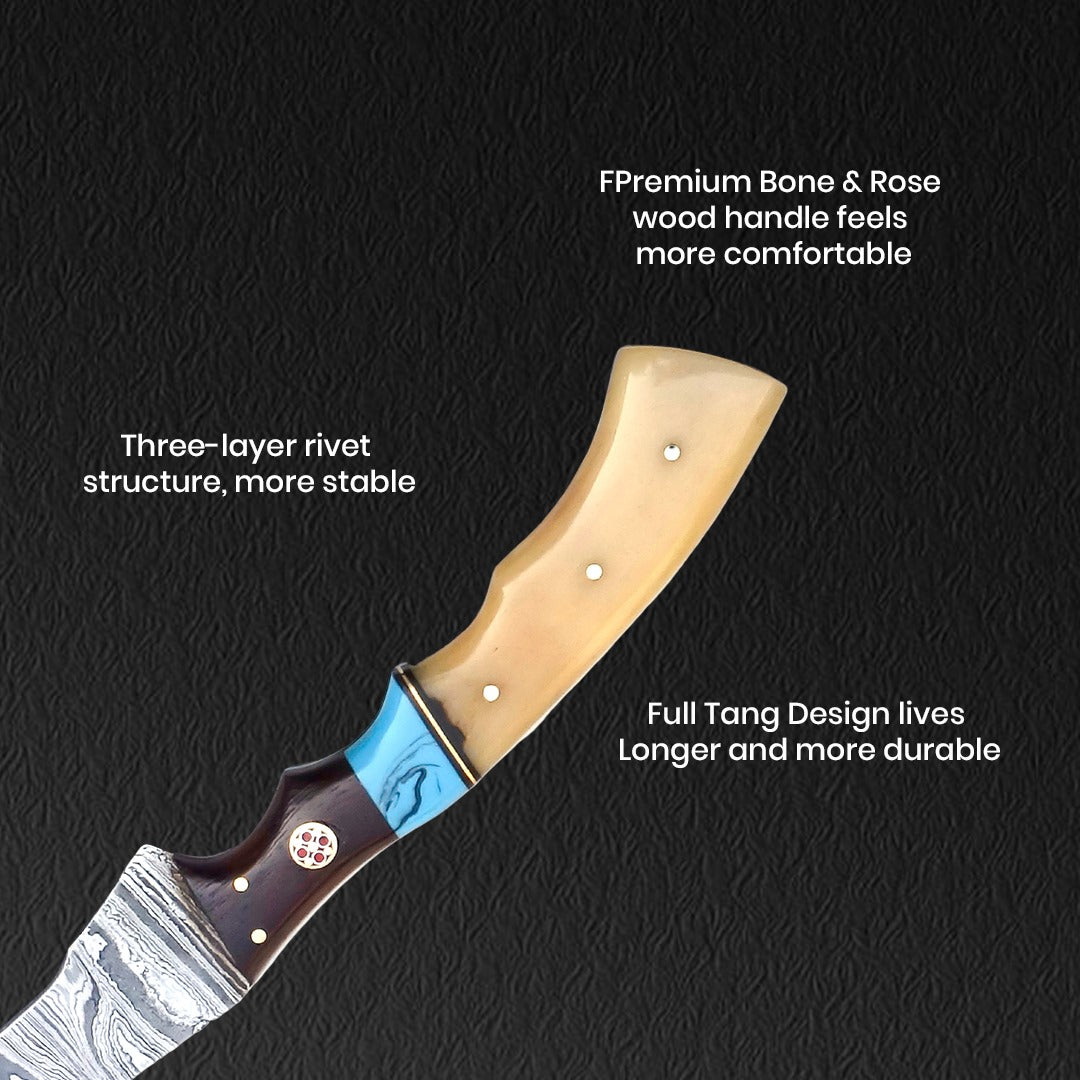 Handmade Damascus Steel Fillet Knife - 13" with Natural Bone & Rosewood Handle, Perfect Gift for Him