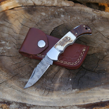 6.5" Handmade Damascus Steel Pocket Folding Knife – Stag Antler & Rosewood Handle with Back Lock