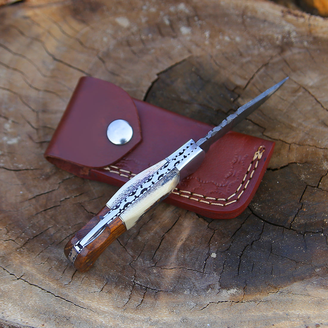 6.5" Handmade Damascus Steel Pocket Folding Knife – Stag Antler & Rosewood Handle with Back Lock