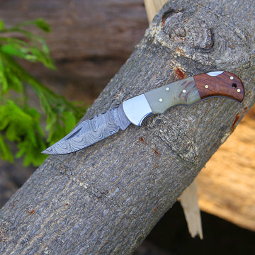 6.5" Handmade Damascus Steel Pocket Knife – Cow Horn & Rosewood Handle with Chess Back Lock