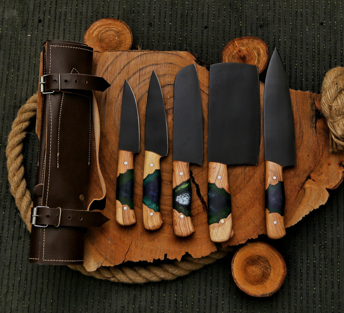 5-Piece Hand-Forged Black Blade Knife Set with Green & Black Resin Wood Handles – Sleek Kitchen Collection with Leather Roll Bag