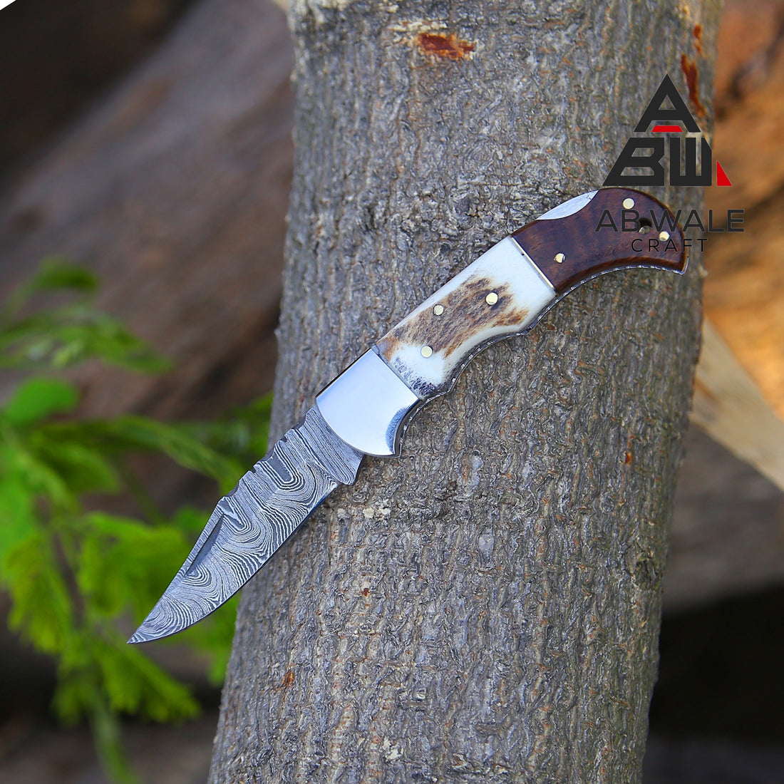 6.5" Handmade Damascus Steel Pocket Folding Knife – Stag Antler & Rosewood Handle with Back Lock