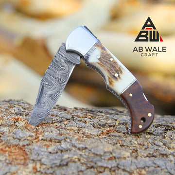 6.5" Handmade Damascus Steel Pocket Folding Knife – Stag Antler & Rosewood Handle with Back Lock