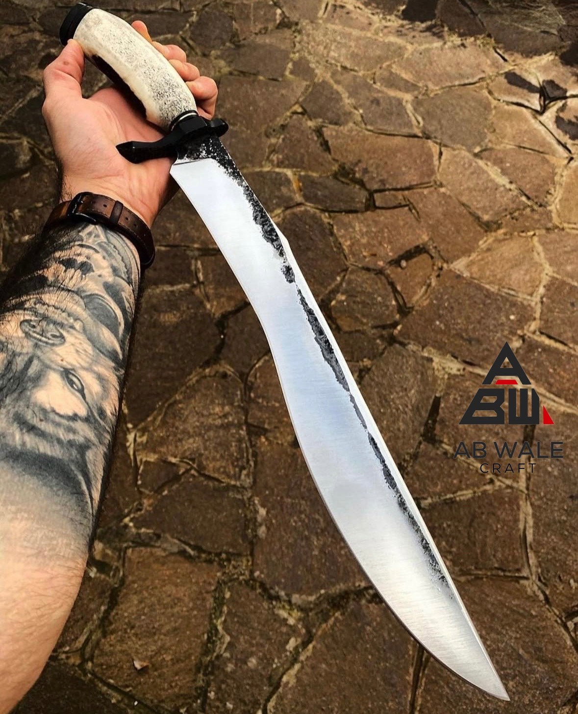 Handmade Carbon Steel Hunting Bowie Knife, Deer Horn Handle, Fixed Blade Knife