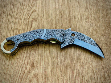 D2 steel Hand engraved pocket knives. Folding knives with leather sheathe. Engraved handle pocket knife.