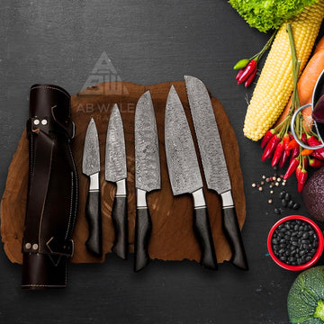 Damascus Steel Chef Knife Set – 5-Piece Professional Kitchen Knives with Rosewood Handles & Rolling Bag