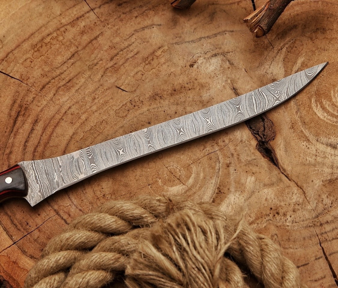 Hand-Forged Damascus Steel Fillet Knife - 13" with Red Pakka Wood Handle, Rust-Free & Precision-Crafted for Filleting