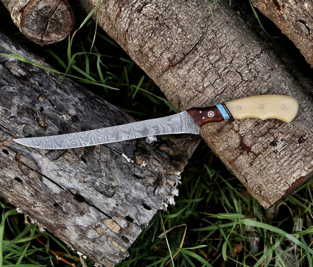 Handmade Damascus Steel Fillet Knife - 13" with Natural Bone & Rosewood Handle, Perfect Gift for Him