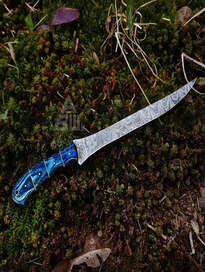 Hand-Forged Damascus Steel Fillet Fishing Knife - 13" with Blue Pakka Wood Handle, Rust-Free & Outdoor Ready