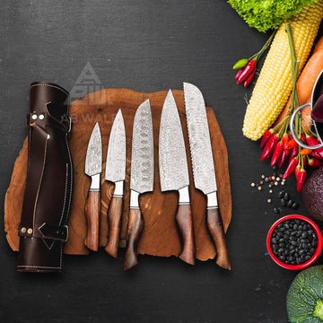 5-Piece Handmade Damascus Steel Chef Knife Set with Rosewood Handles – Perfect for Kitchen & BBQ Enthusiasts