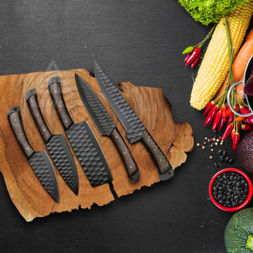 5-Piece Hand-Forged Carbon Steel Chef Knife Set with Black Powder-Coated Blades and Leather Roll Bag – Premium Kitchen Collection