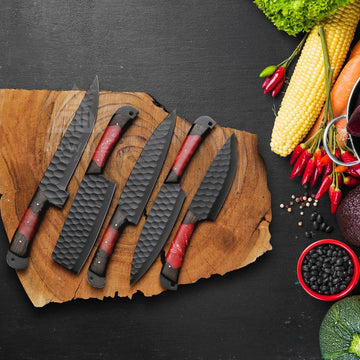 5-Piece Hand-Forged Carbon Steel Chef Knife Set with Red Resin & Rosewood Handles – Exotic Kitchen Collection with Leather Roll Bag