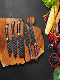 5-Piece Hand-Forged Carbon Steel Chef Knife Set with Purple Resin & Wood Handles – Elegant Culinary Collection with Leather Roll Bag