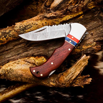Damascus Steel Folding Pocket Knife - Rosewood Handle, Razor Sharp Blade with Leather Sheath